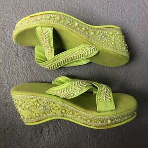Y2K Green beaded platform sandals with a boho vibe